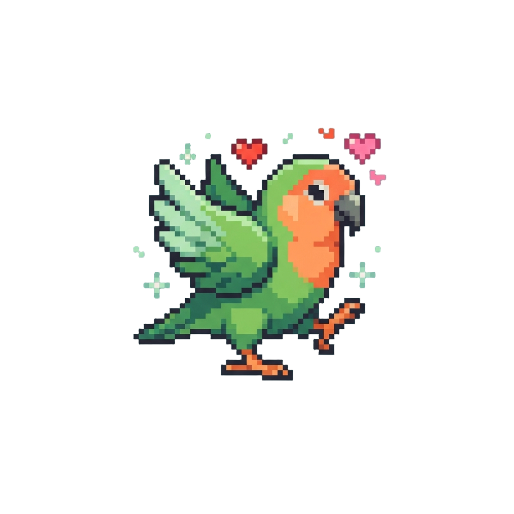 A Large Energetic Love Bird Strutting Aggressively with Heart Sparkles