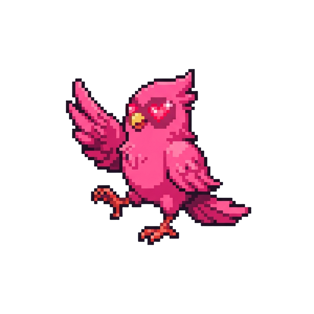 A Gigantic Neon-pink Feathered Love Bird with Glowing Heart Eyes Doing the Tango