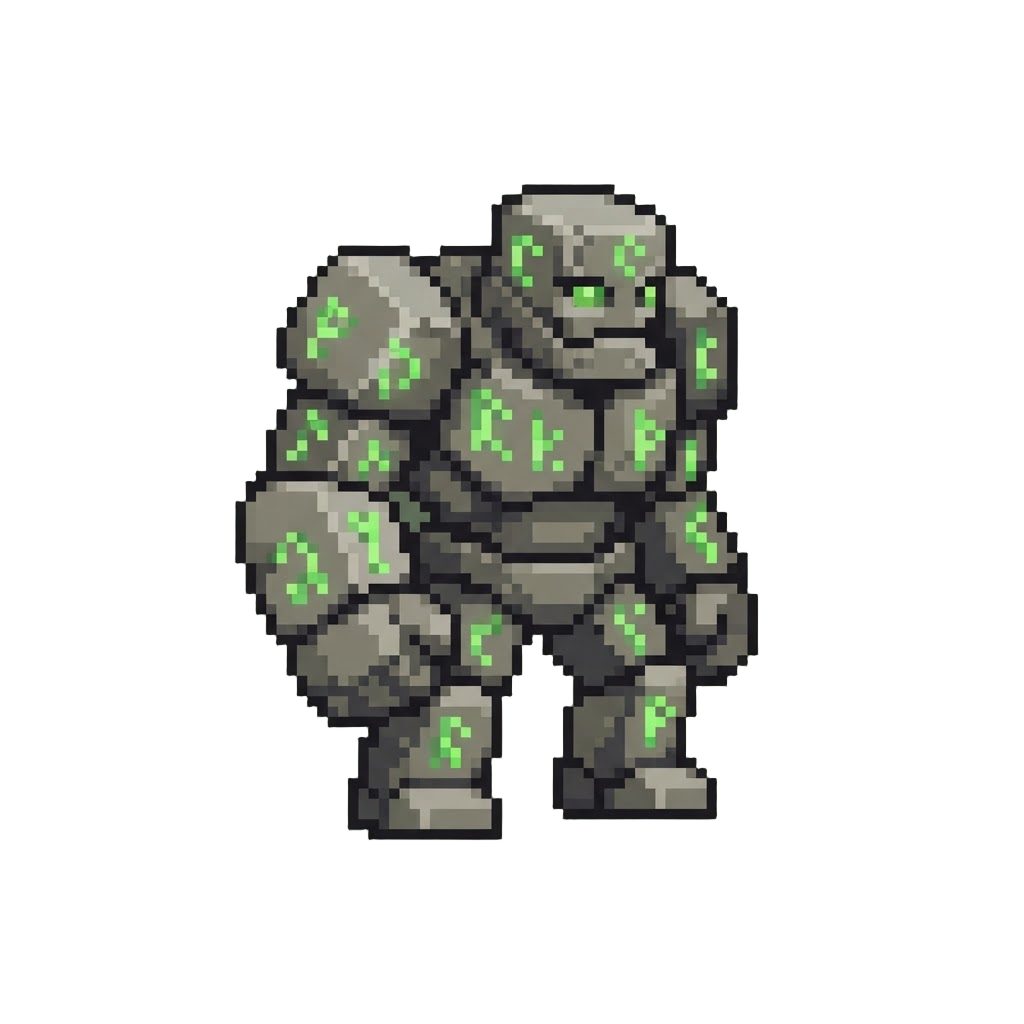 A Hulking Stone Golem Covered in Glowing Green Runes