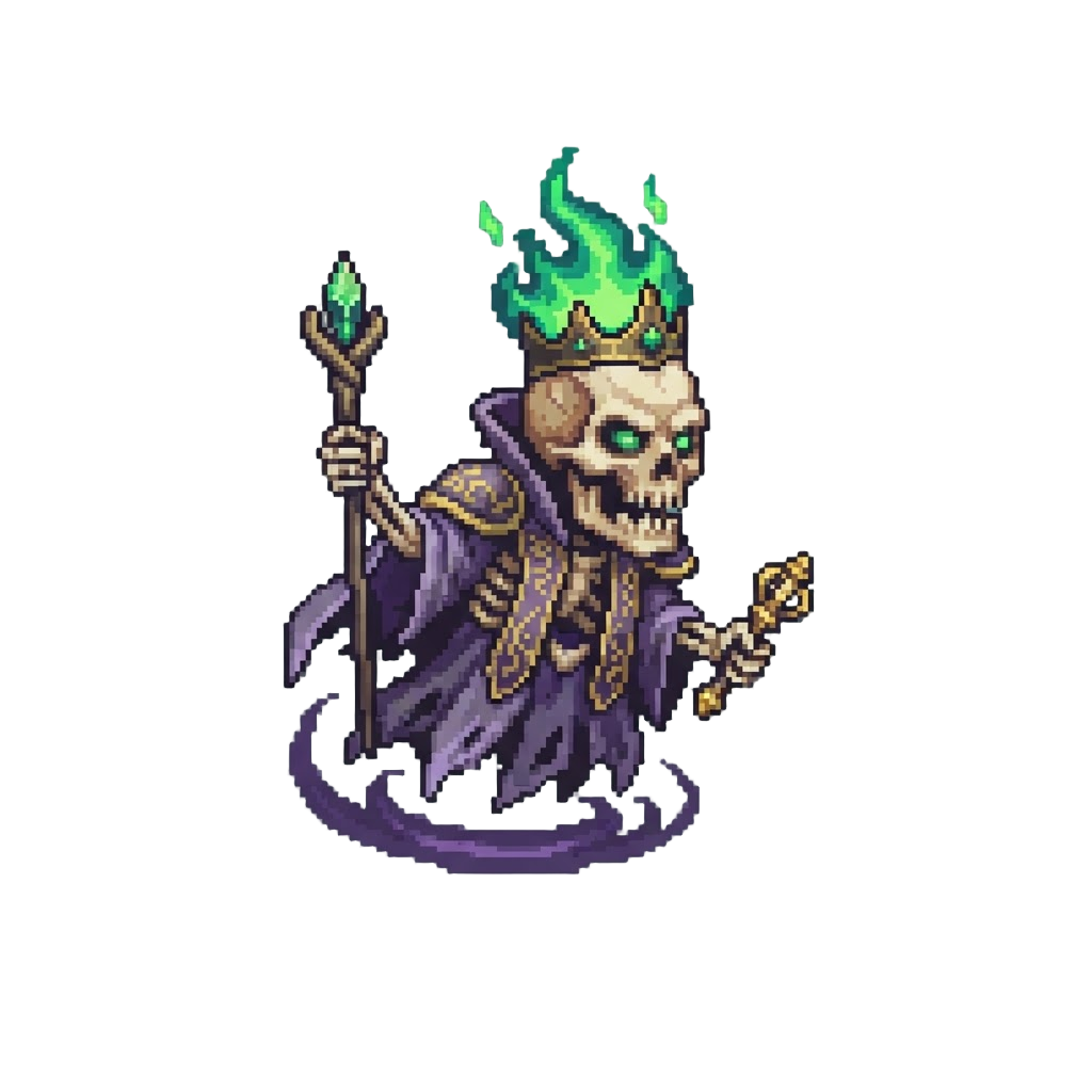 A Floating Skeletal Monarch with a Crown of Green Flames