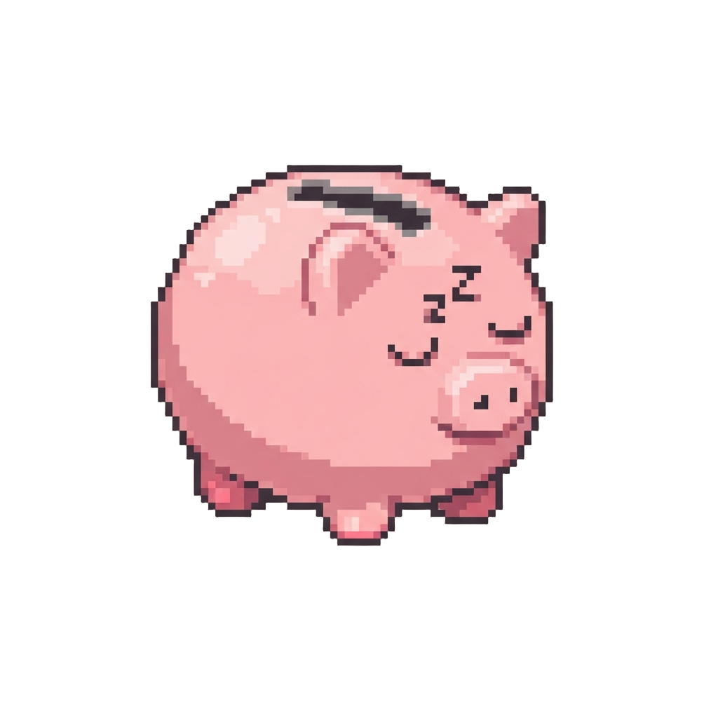 A Pink Ceramic Piggy Bank with a Sleepy Expression