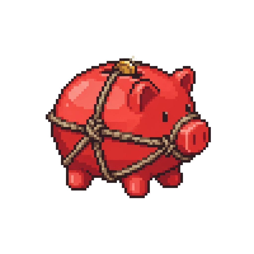 A Bright Red Piggy Bank Wrapped in Old Rope
