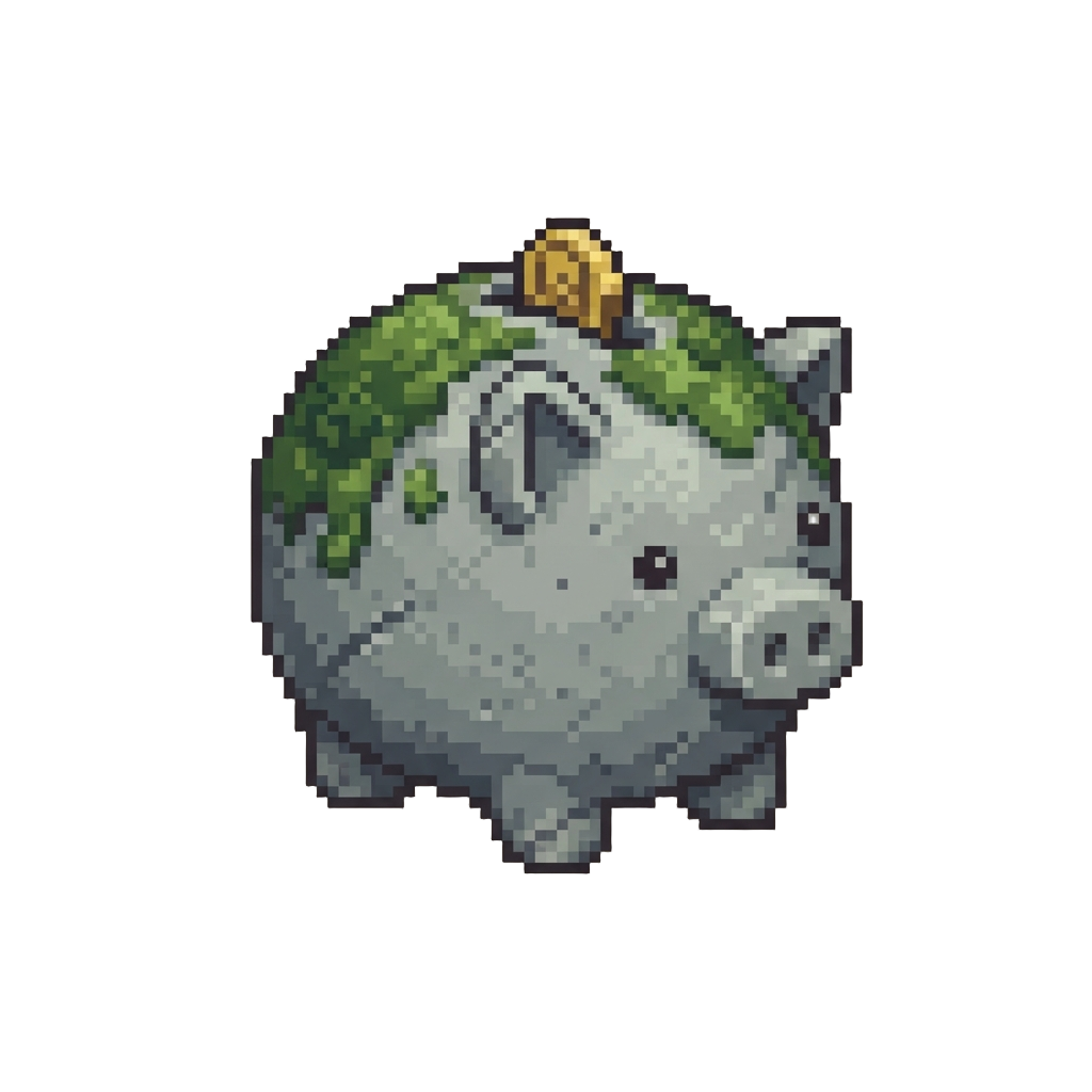 A Chubby Stone Piggy Bank with Moss on Its Back
