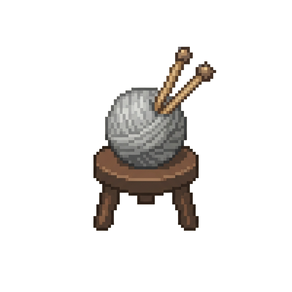 The Museum of Unfinished Knitting, Displaying One Grey Ball of Wool with Two Sticking Needles on a Stool