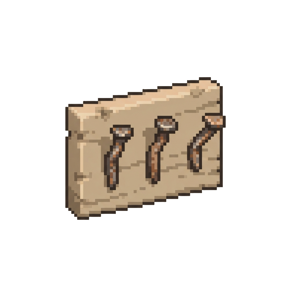 The Museum of Everyday Nails, Featuring a Beige Board with Three Bent Rusty Iron Nails Mounted on It