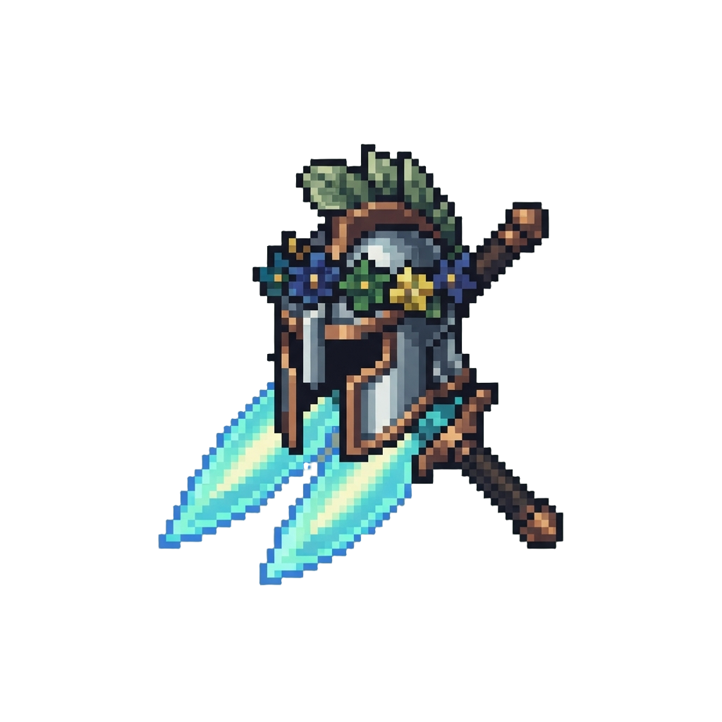 A Floral Helm and Twin Luminous Dagger Blades