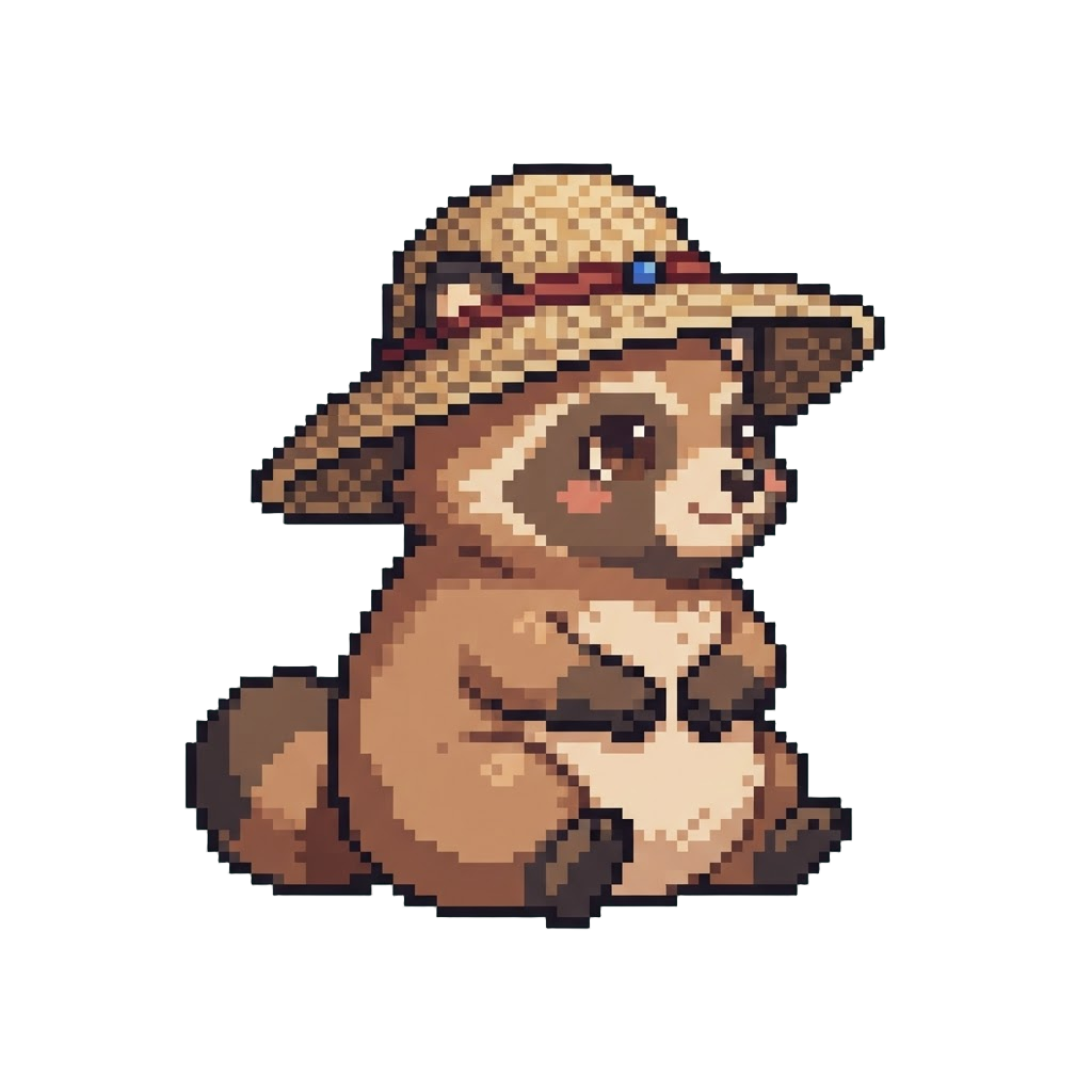 A Cute Sitting Tanuki with a Wide Straw Hat