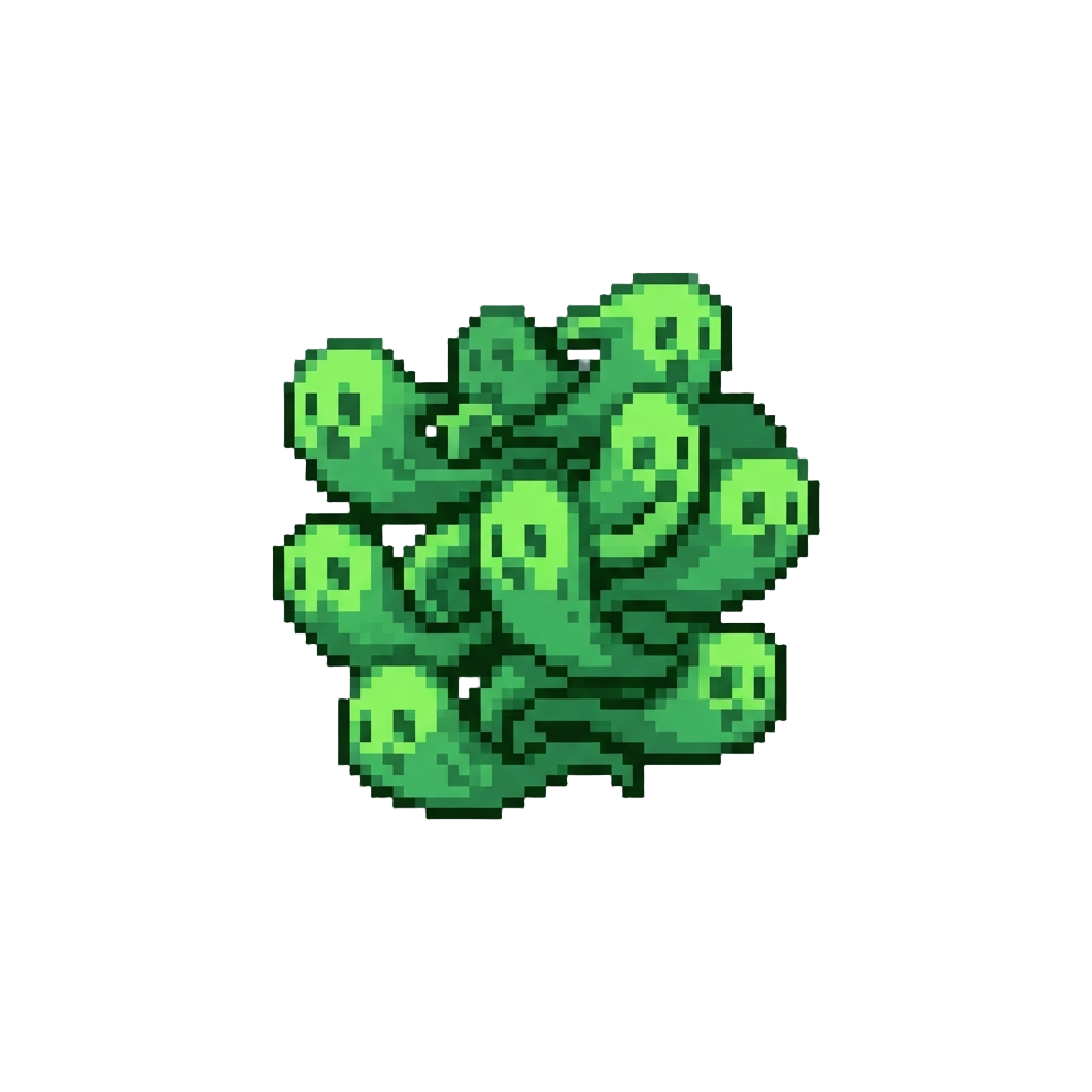 A Swarm of Glowing Green Pixel Ghosts