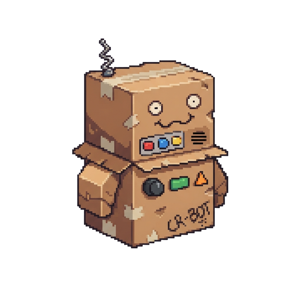 A Goofy Cardboard Box Robot Outfit with Drawn-on Buttons