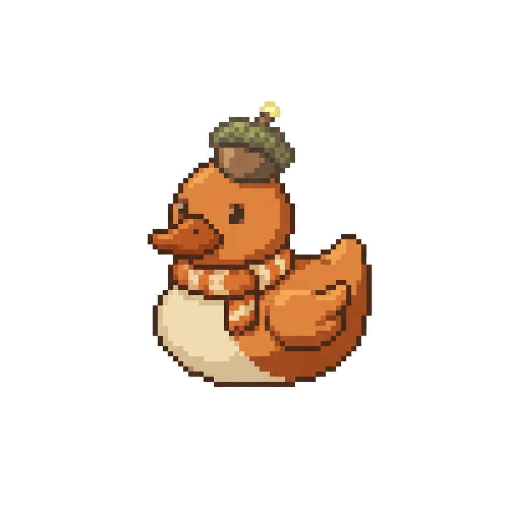 A Cozy Pumpkin Spice Duck Wearing a Tiny Knitted Scarf and Glowing Acorn Hat
