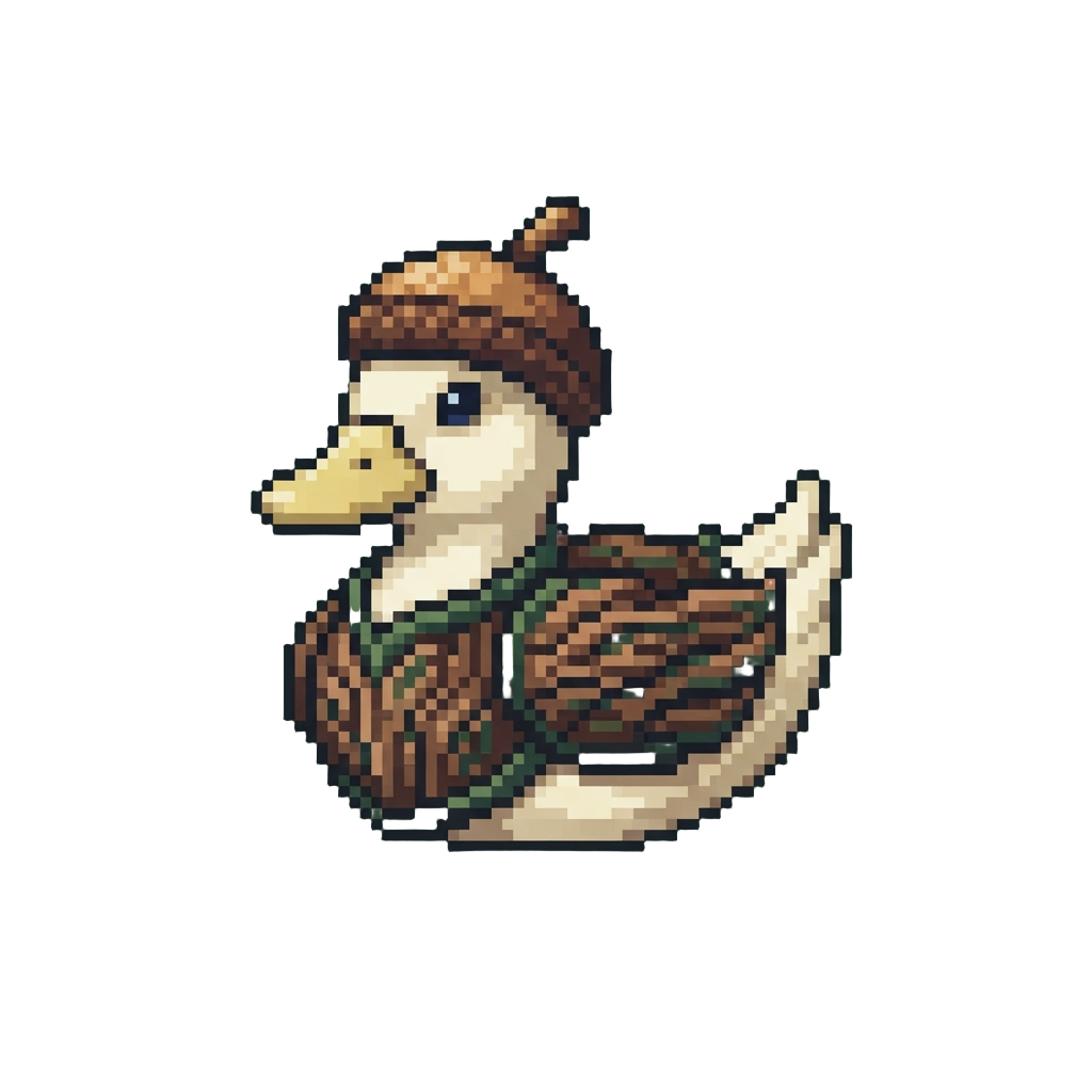 A Majestic Oak Guardian Duck Wearing Intricate Bark-patterned Armor and an Acorn Cap Helmet