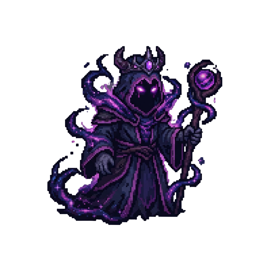 An Void Sorcerer Lord Oozing Cosmic Corruption and Glowing Purple Eyes