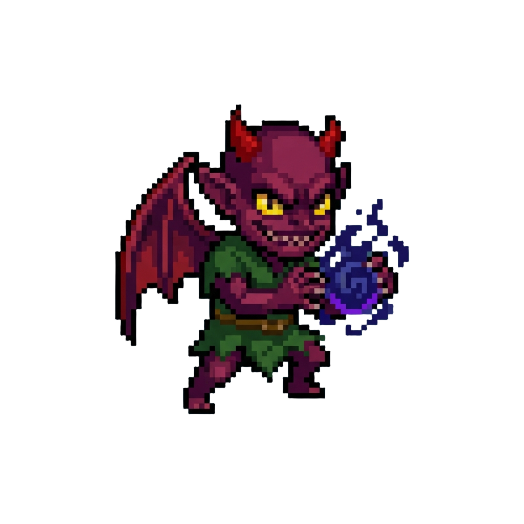 A Trickster Imp with Tiny Red Horns and Shadow Wisps