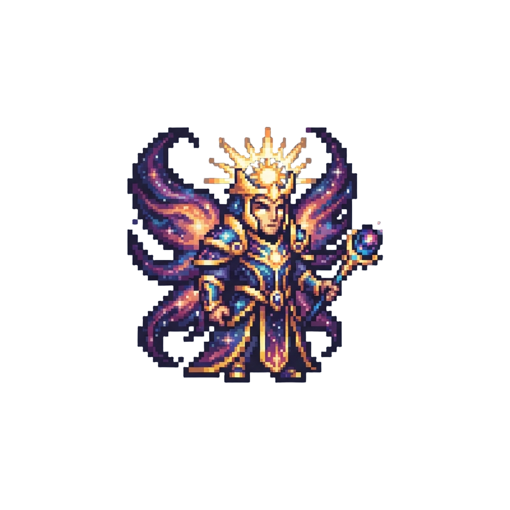 A Cosmic Creator God with Floating Nebula Wings and Solar Crown
