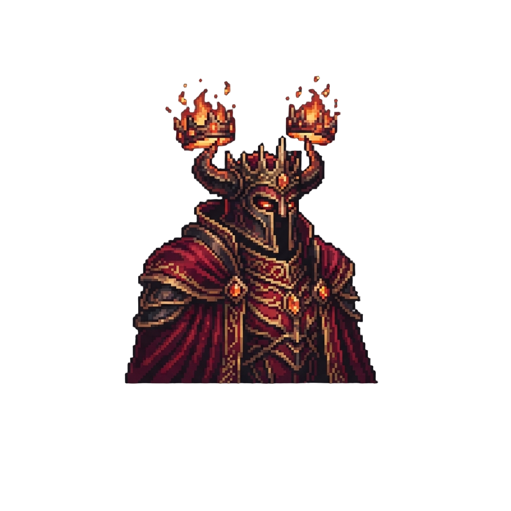 A Grand Infernal Monarch Draped in Crimson Velvet and Floating Ember Crowns