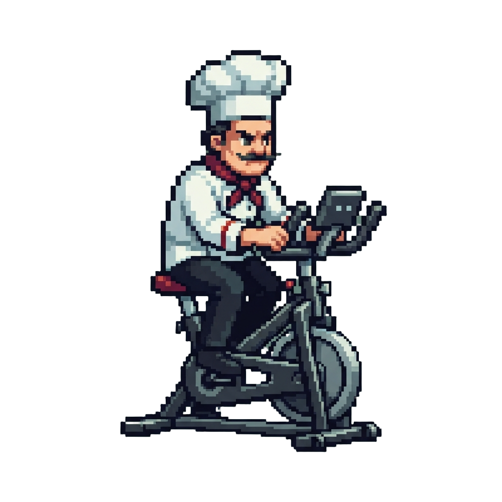 A Famous Chef Wearing a Toque While on an Exercise Bike