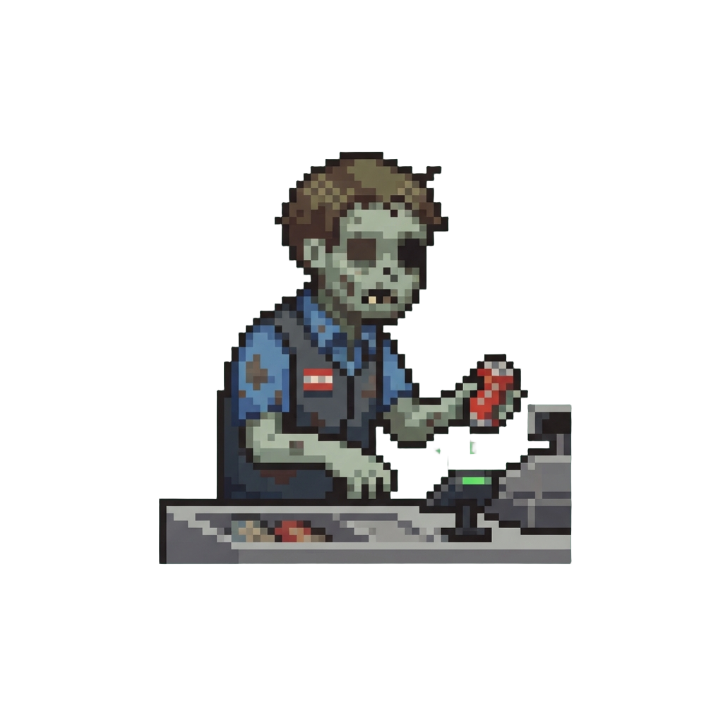 A Cashier Worker Turning Out to Be a Slow-moving Zombie Scanning Items