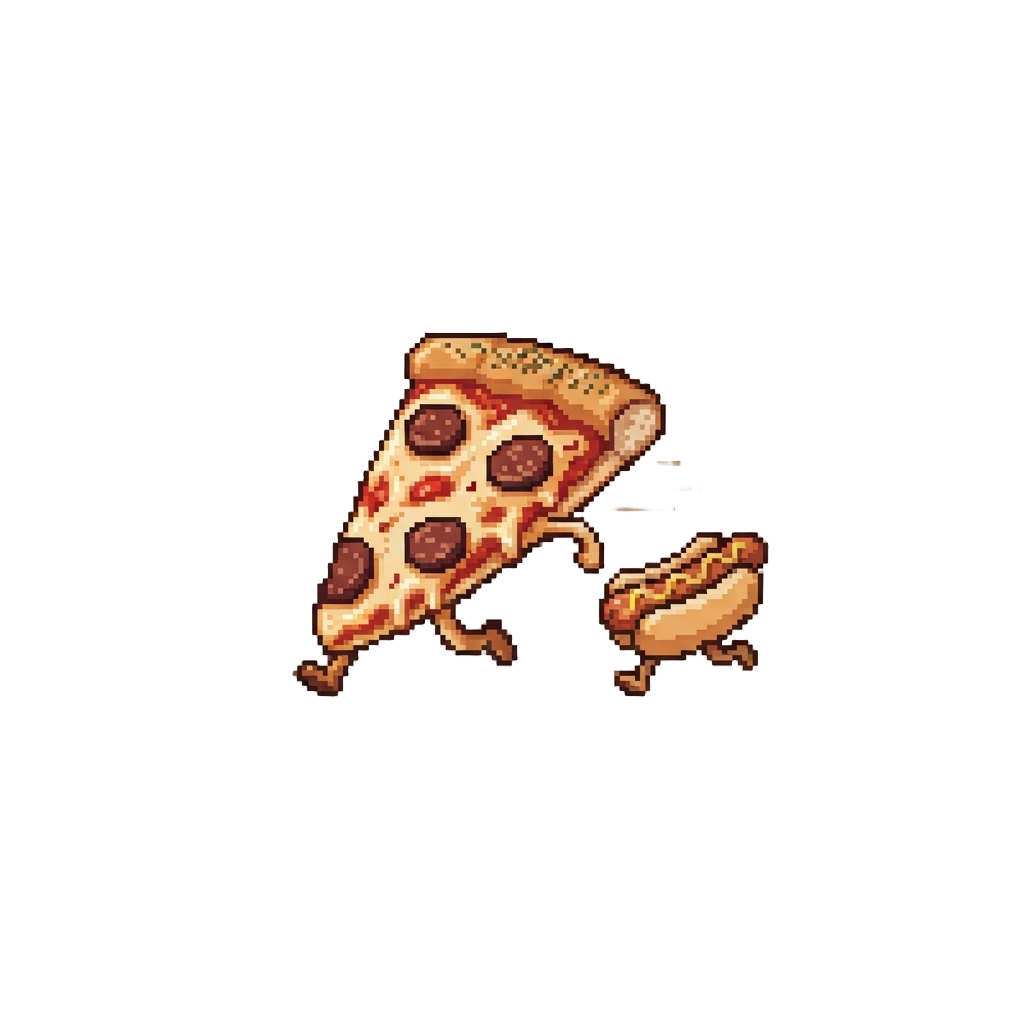 A Runaway Slice of Pizza Dashing Past the Tables Being Chased by a Hot Dog