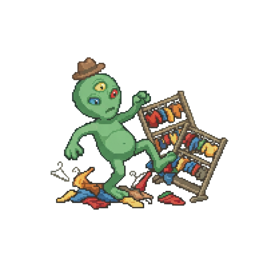 A Giant Alien Accidentally Knocking Over Entire Racks of Clothing While Trying on a Tiny Hat