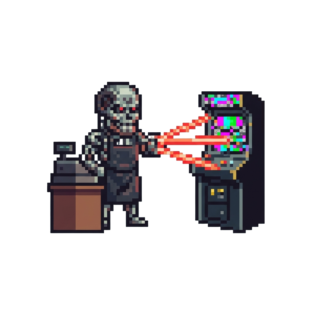 A Terminator Cashier Blasting Laser Beams at a Defective Glitching Game Display