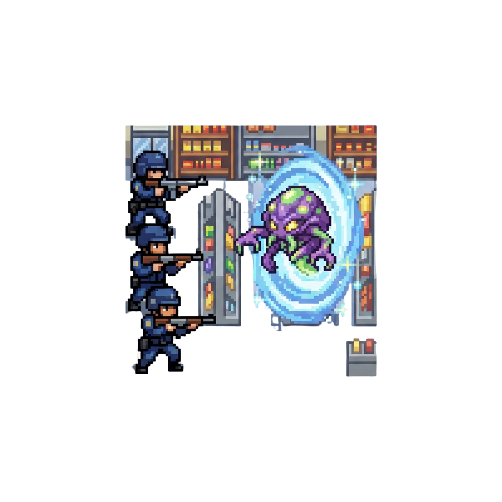Police Forces Storming the Store As a Giant Alien Teleports Into the Center Aisle