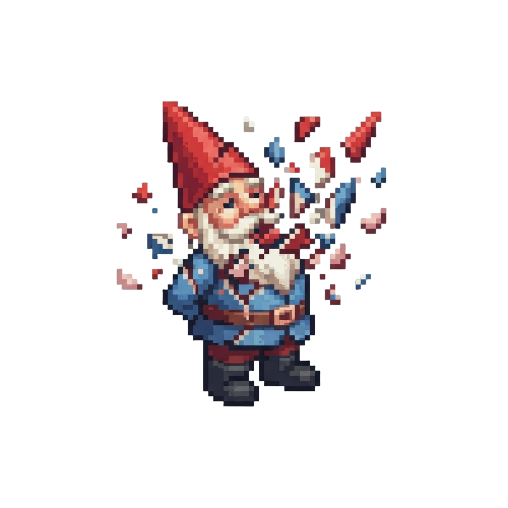 A Ceramic Garden Gnome Exploding Into Tiny Plaster Fragments