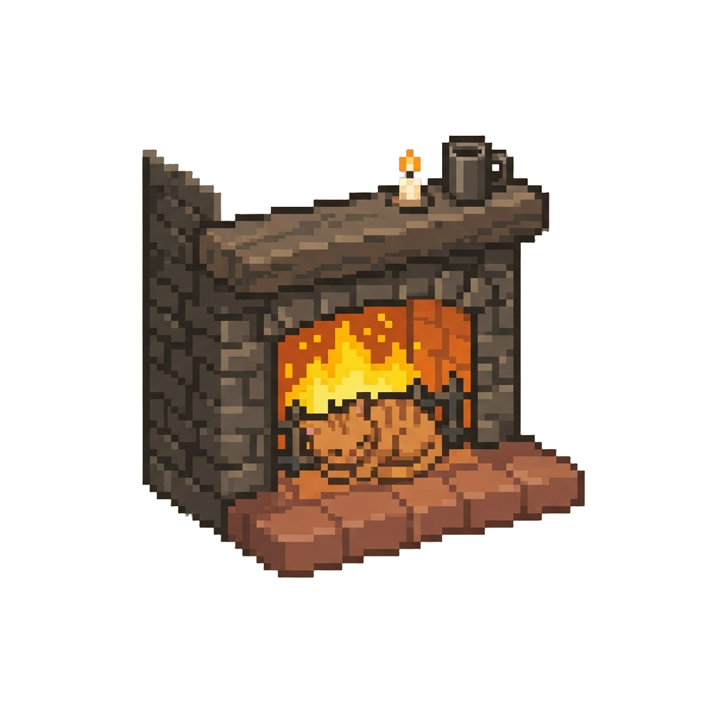 A Cozy Crackling Fireplace with a Cat