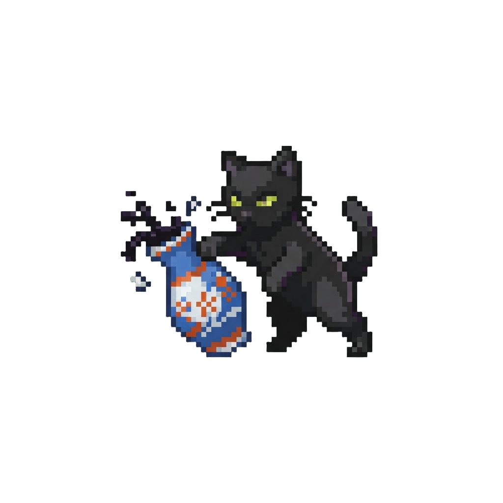 A Spooky Black Cat Knocking Over a Vase
