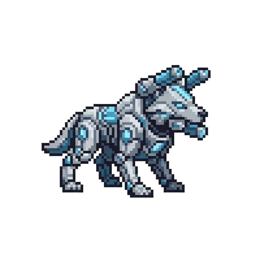 A Silver and Cerulean Iron Wolf with Jaw Cannons