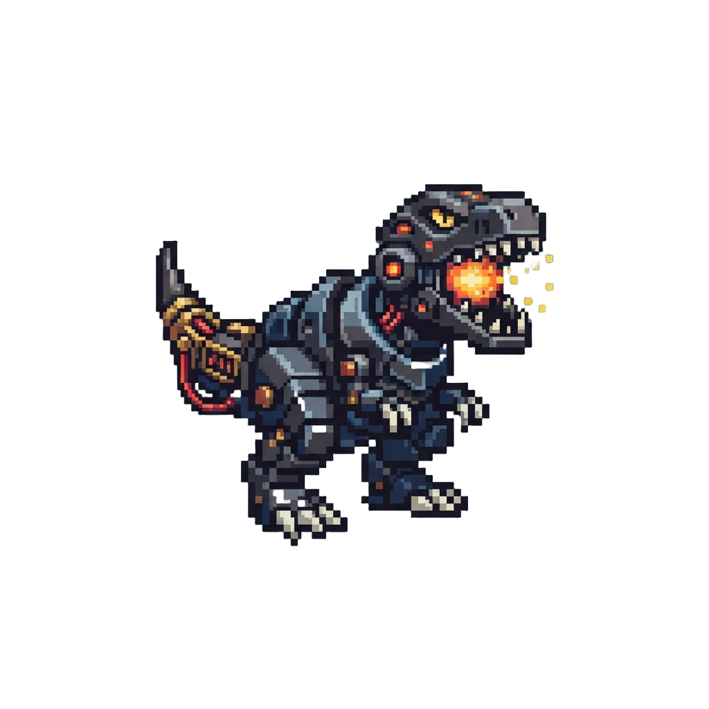 A Dark-iron Geno Rex with a Charged Particle Mouth Cannon