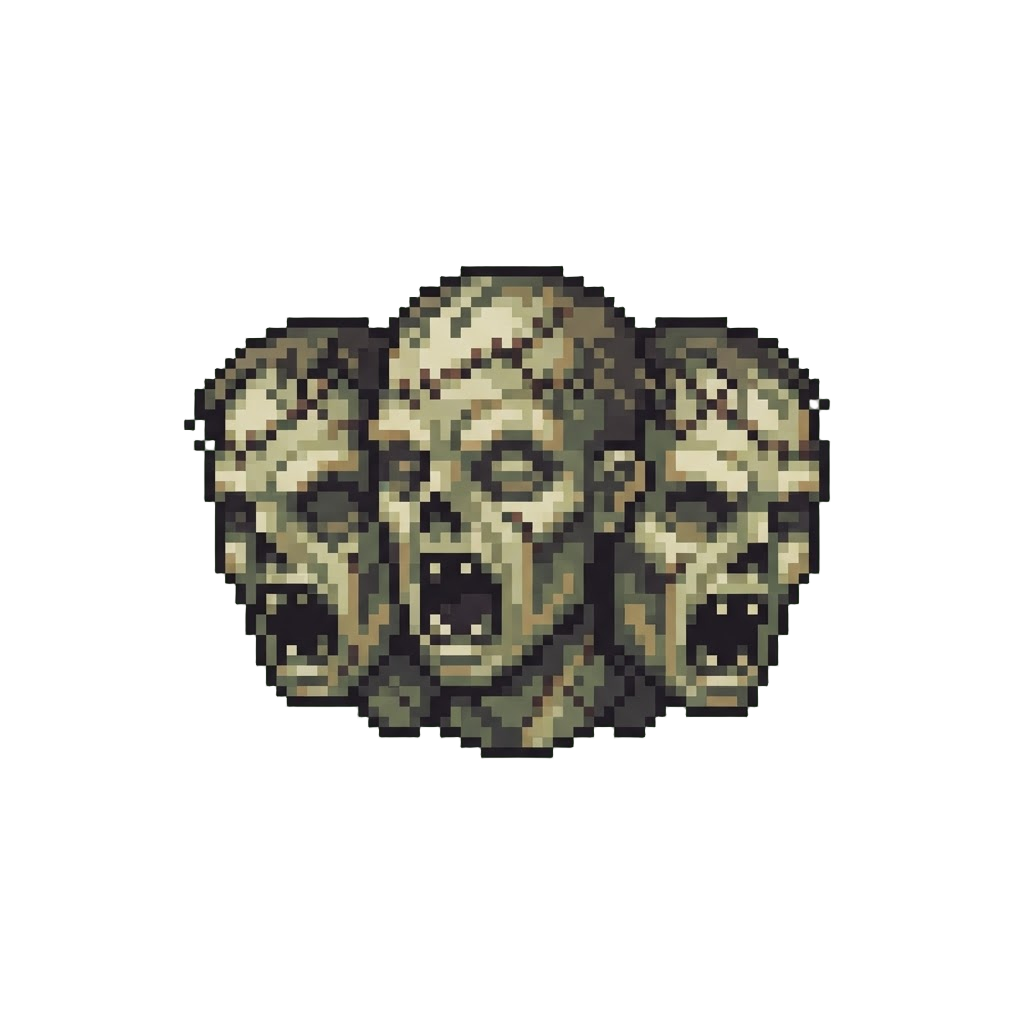 Three Stitching-covered Undead Heads Shouting in Unison