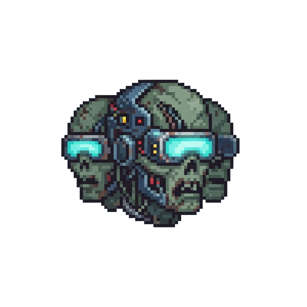 Three Glowing Cybernetic Visor Zombie Heads