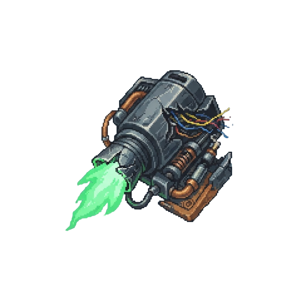 Torn Mechanical Jetpack Thrusters with Green Flame