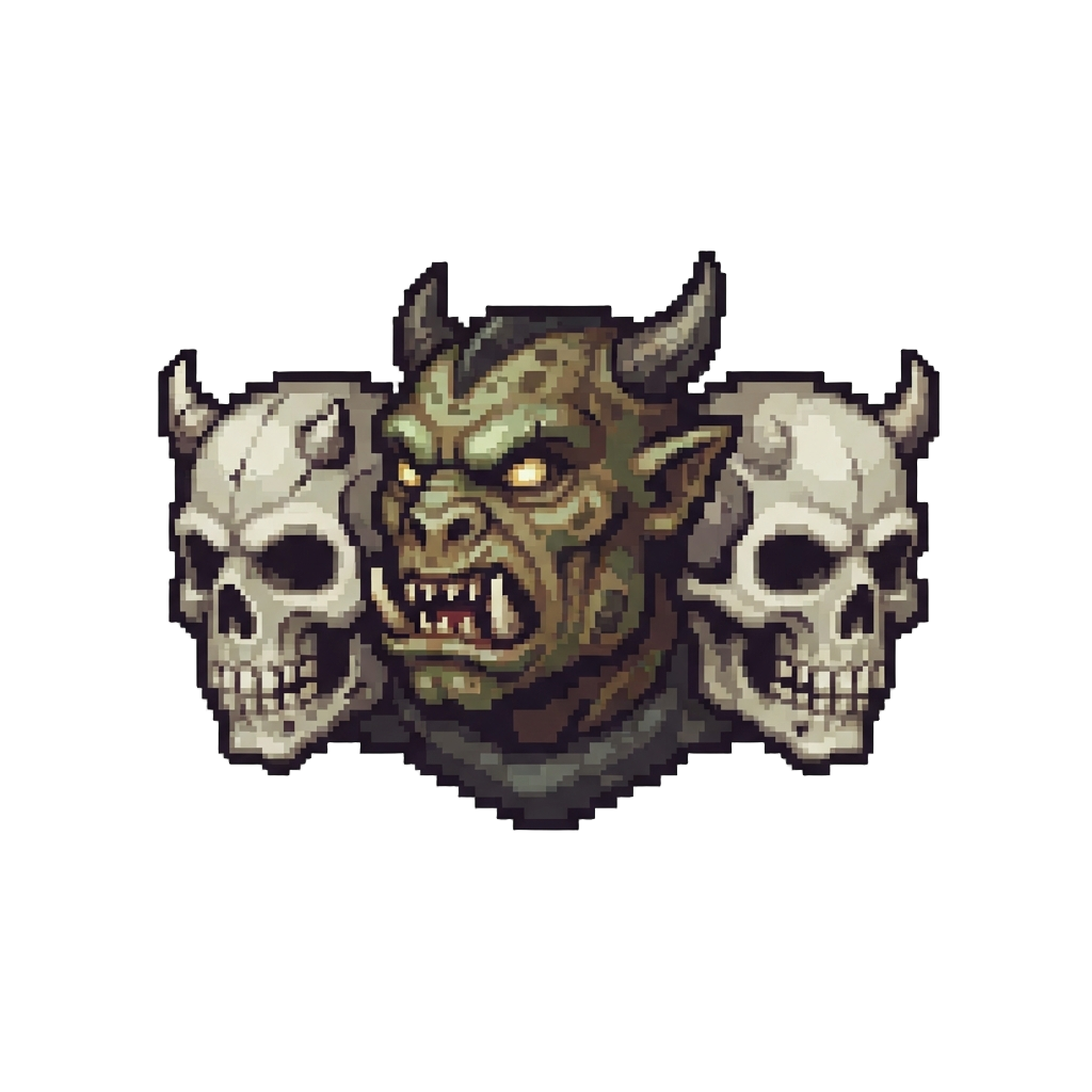 A Central Mutant Head Flanked by Two Bony Skull Heads