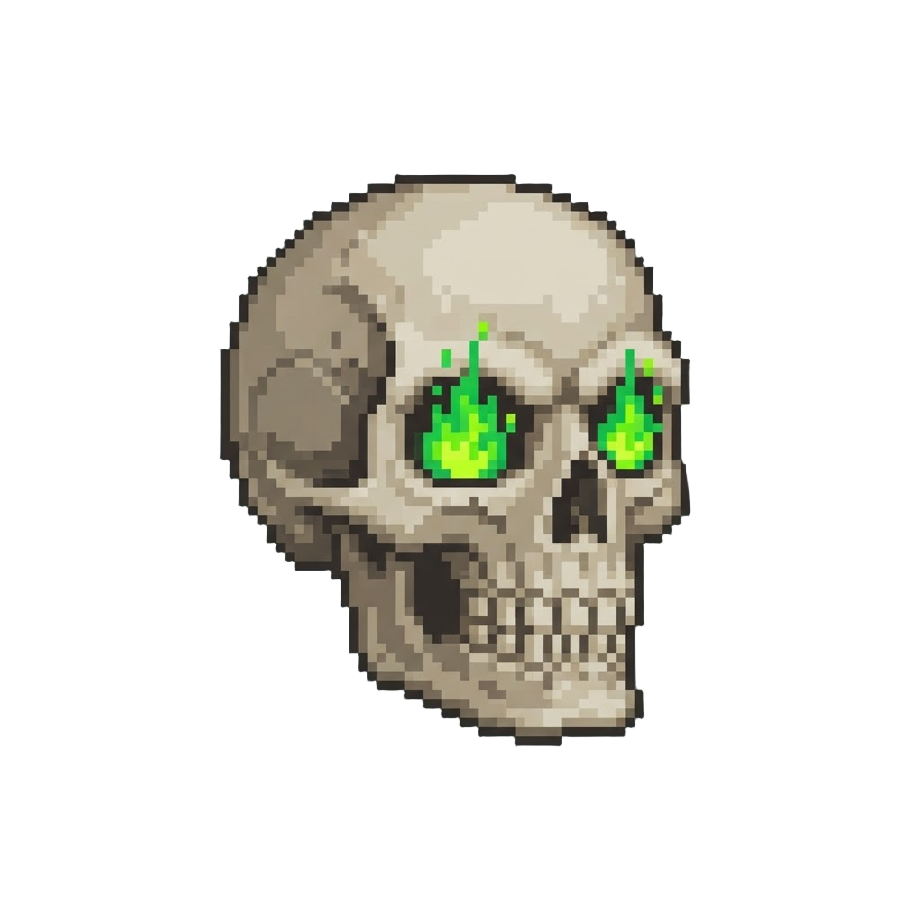 A Hollow Skull Face with Burning Green Eye Sockets
