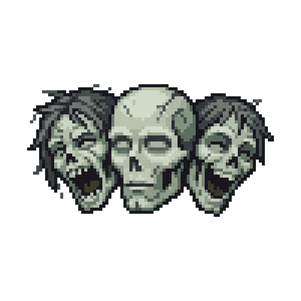 A Central Calm Undead Head Flanked by Two Wildly Laughing Heads