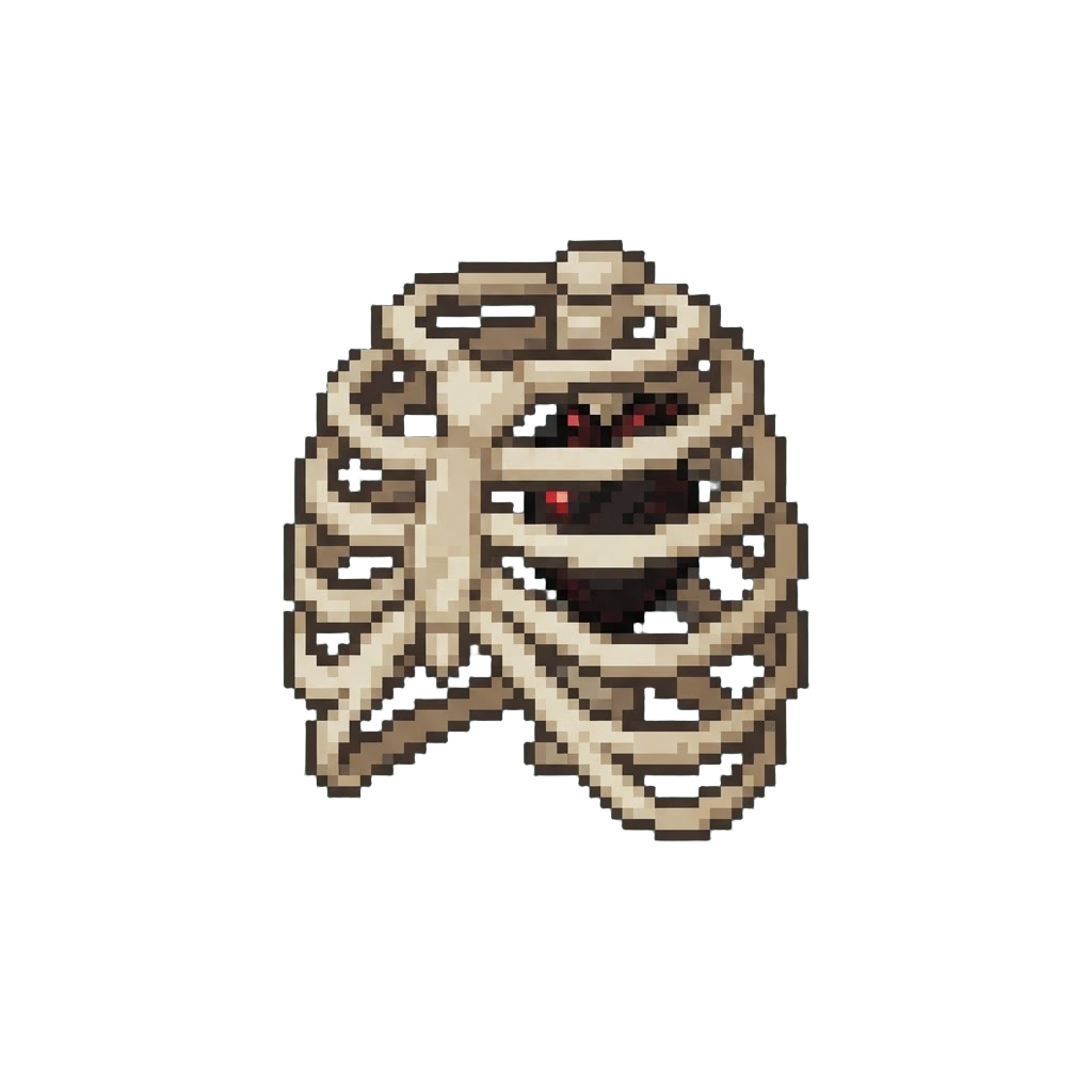 An Exposed Glowing Ribcage with a Visible Beating Black Heart