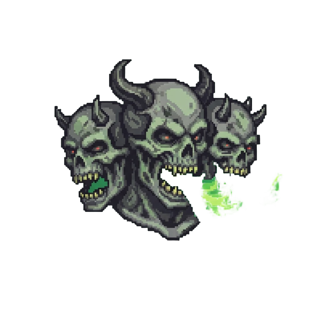 Three Horn-sprouted Demonic Zombie Heads Breathing Green Fire