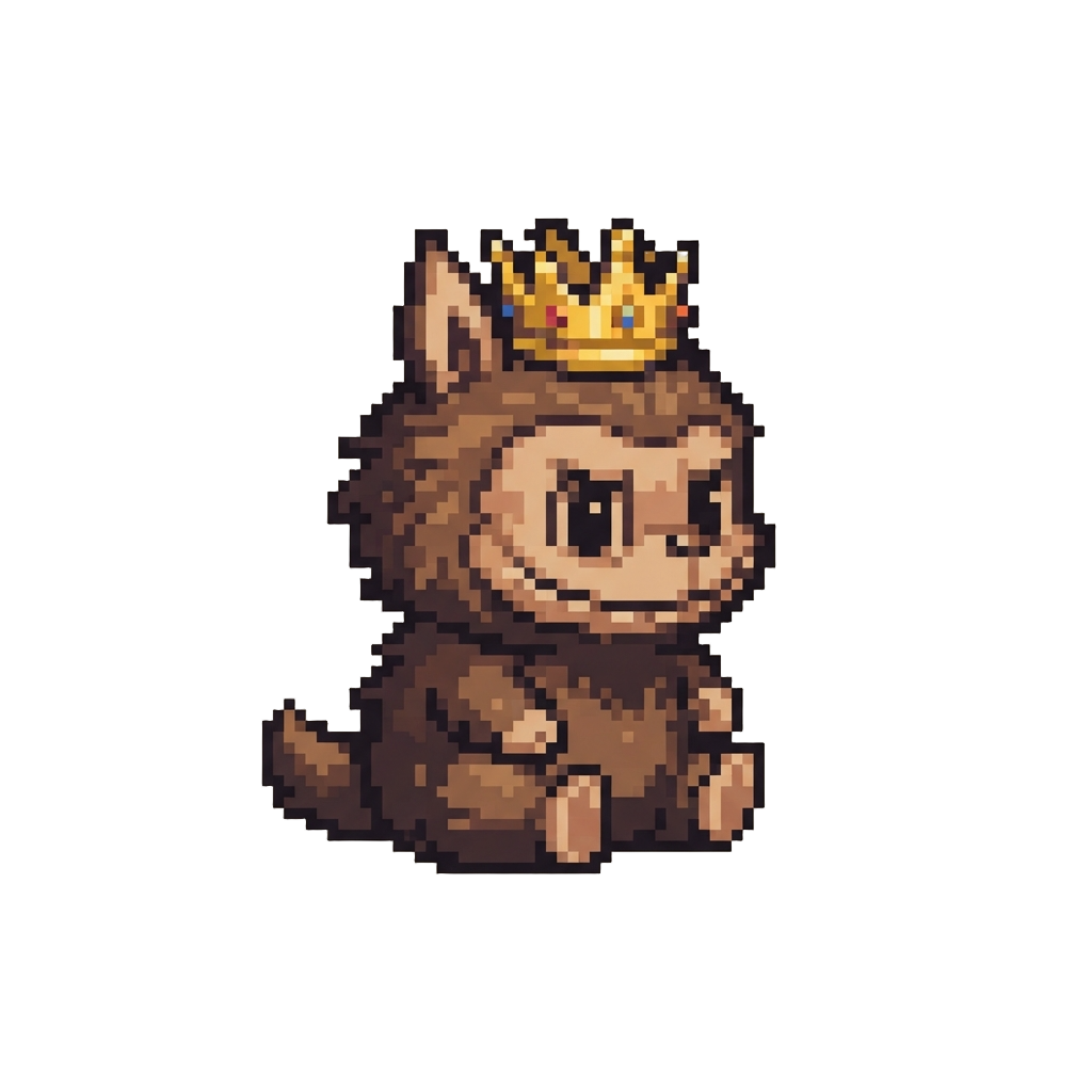 A Classic Furry Brown Labubu Wearing a Miniature Golden Crown