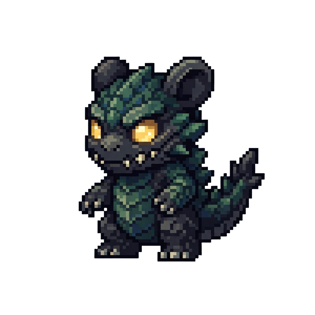A Dragon-scaled Obsidian Labubu with Glowing Golden Eyes