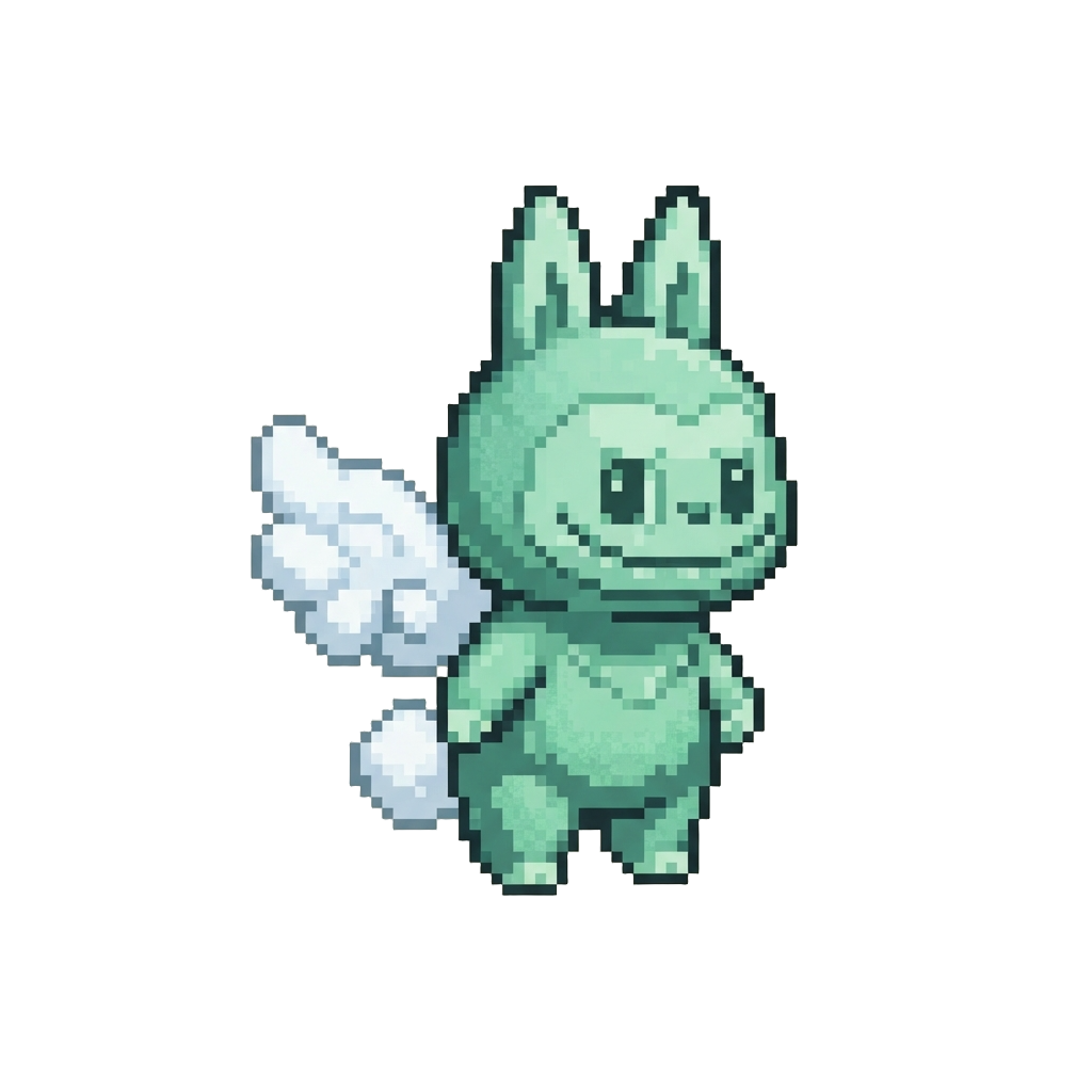A Soft Flocked Velvet Mint-green Labubu with Fluffy Cloud Wings
