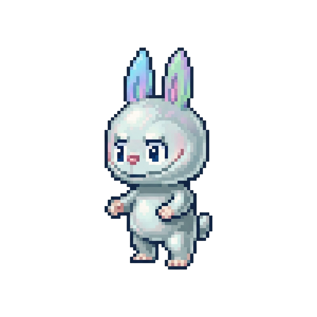 A Glowing Translucent Pearl Labubu with Iridescent Bunny Ears