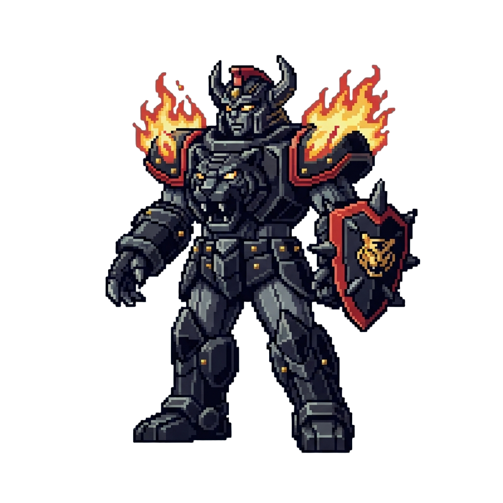 A Towering Obsidian Tiger Megazord with Flaming Shoulders