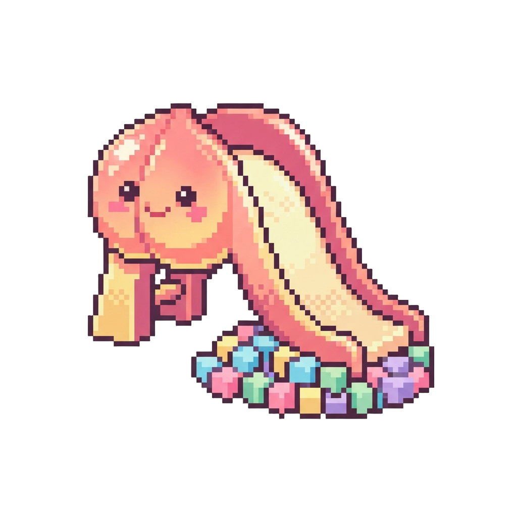 A Giant Smiling Peach Slide Arching Over a Sea of Pastel Foam Cubes