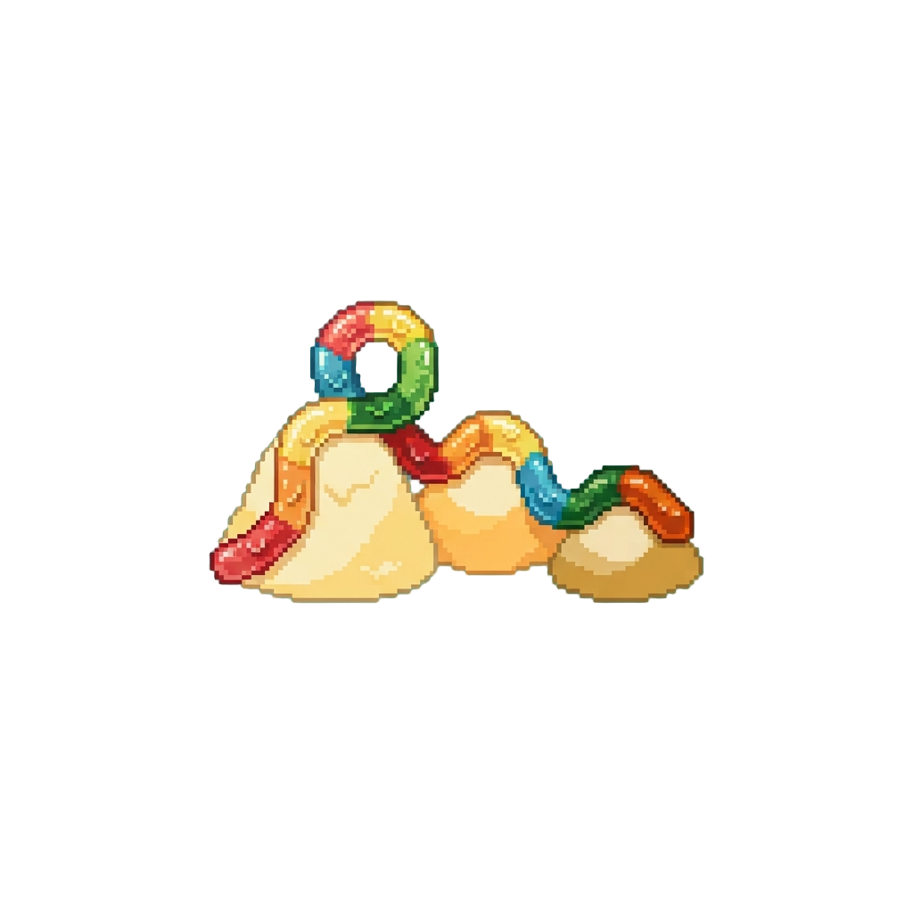 A Colorful Gummy Worm Obstacle Course Stretched Over Cream Hills