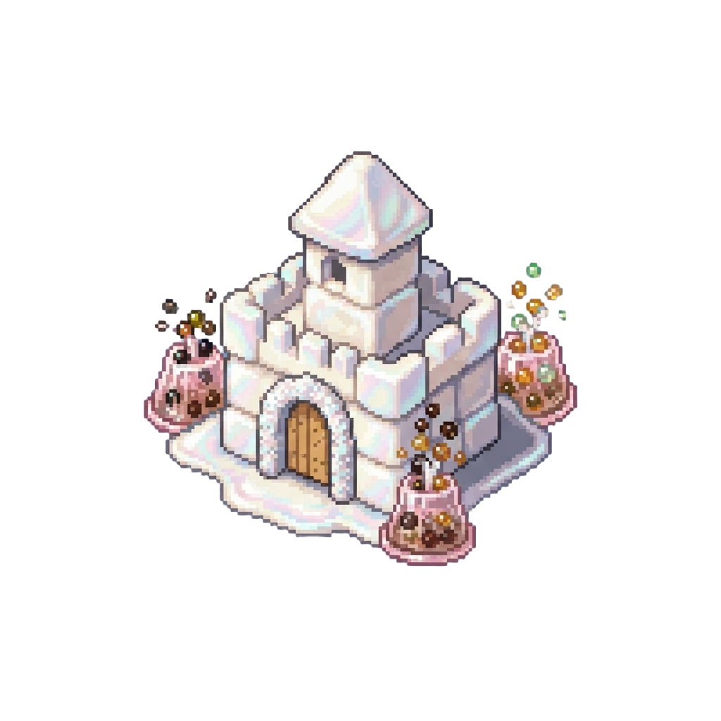 An Iridescent Pearl Marshmallow Fortress Surrounded by Popping Boba Fountains