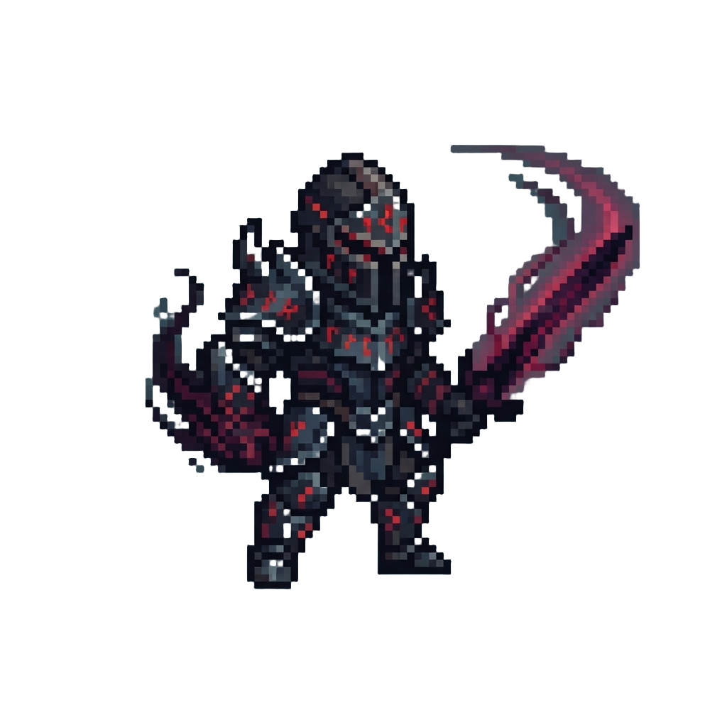 An Obsidian Shadow Knight with Glowing Red Runes and Blended Hero Armor Utilizing Shadowy Beam Abilities of @image1 and @image2