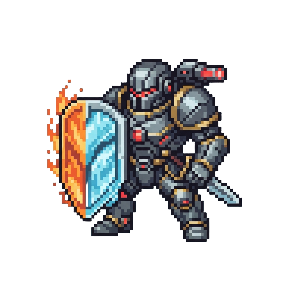 A Heavily Armored Tech-knight with Shoulder Lasers and Elemental Shields Featuring Dual-hero Coloring and Abilities of @image1 and @image2