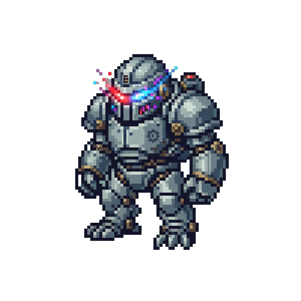 A Steel-bodied Juggernaut with Glowing Eyes Radiating Hybrid Power Effects Combining Both Signatures of @image1 and @image2