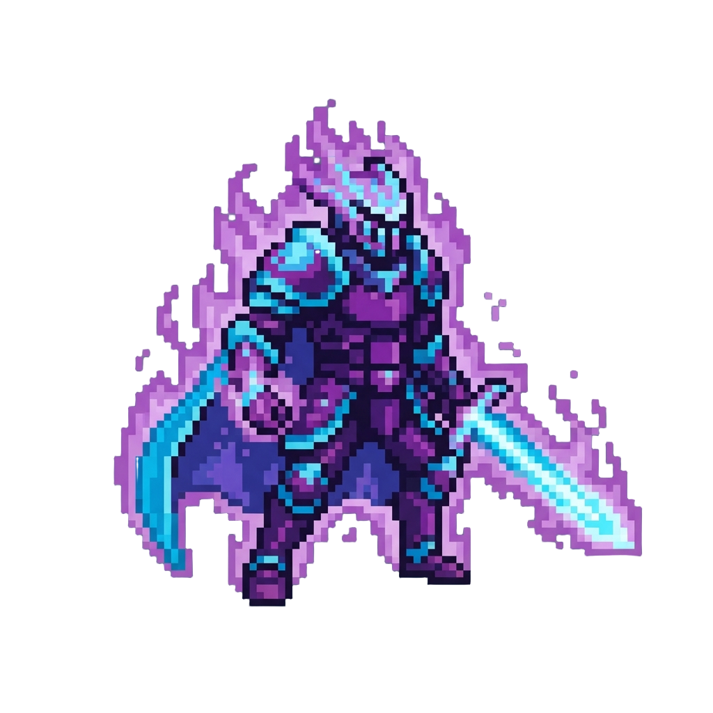 A Quantum Phoenix Knight Glowing with Violet Flame Exhibiting Telekinetic Aura and Signature Details From Both @image1 and @image2